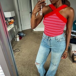 Zara Red Cross neck striped bodysuit